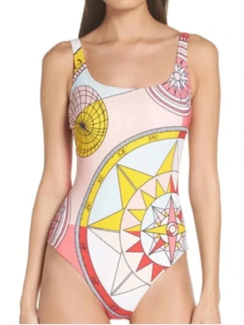 Tory Burch Constellation Compass  One Piece Swimsuit in Pink Yellow M